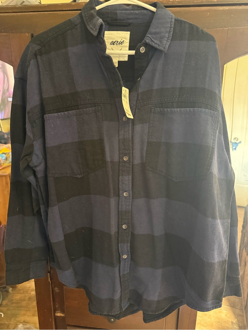 aerie Women's Navy and Black Wide-Striped Flannel Button-Down Shirt